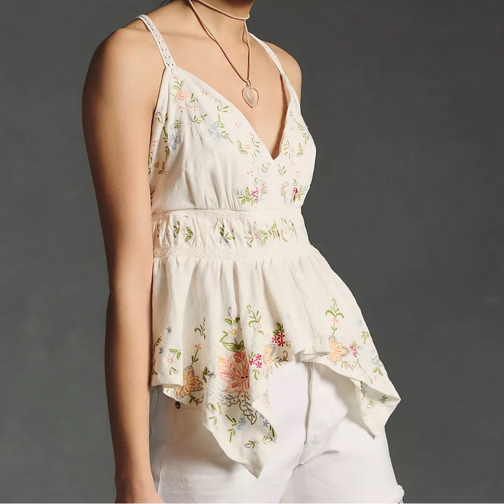 Anthropologie Cream Floral Embroidered Top